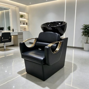 Sillón de Lavacabezas Moderno de Lujo Negro y Dorado con Lavabo Profundo de Cerámica Blanca para Salón de Belleza y Barbería - Product Image 1