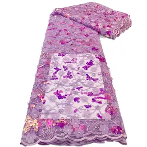 Lilac Sequins Embroidery Applique French Lace Dress Making Fabric Beaded Lace Materials for Special Occasions