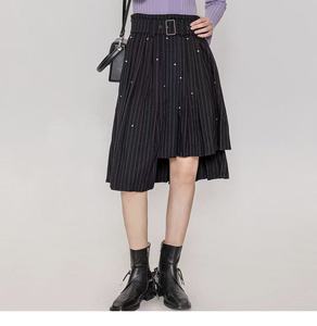 Jupe midi asymétrique plissée noire à fines rayures pour <span class=keywords><strong>femme</strong></span> 2026, <span class=keywords><strong>taille</strong></span> haute avec ceinture, style décontracté - Product Image 4