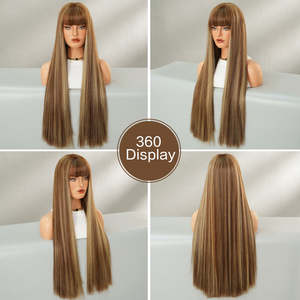 Peluca de Fibra Sintética Resistente al Calor de 28 Pulgadas, Extra Larga, Lisa, con Flequillo para Mujer, Color Rubio Miel, Aspecto Natural, Sin Pegamento - Product Image 2