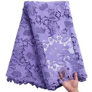 Purple New Arrival Water Soluble Lace Fabric Stones High Quality Nigerian Guipure Cord Lace Fabric African Cloth For Party 2256