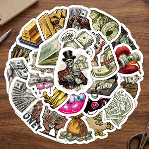 500 pegatinas de PVC con diseño de billetes de dibujos animados, impermeables, con impresión UV, laminación mate, para decoración de portátiles y equipaje, con diseño de monedas de oro. - Product Image 3