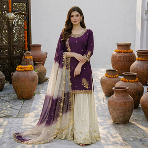 Ensemble Salwar Kameez Traditionnel pour Femmes NiMa Creations, Fortement Brodé, en Crêpe de Georgette, Kurta à Séchage Rapide, Palazzo et Dupatta, Style Indien - Product Image 1