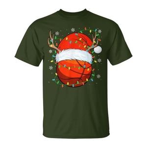 Santa Basketball Xmas Lights Camiseta navideña para adultos, unisex, manga corta, cuello redondo, impresión digital, deportes y juegos - Product Image 1