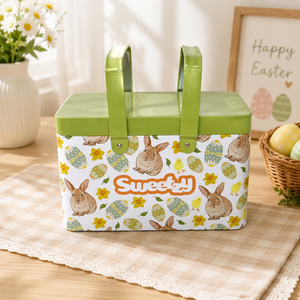 Rectangular Tin Box With Leather Handle Custom Printed Easter Metal Tin <b>Basket</b> <b>for</b> Candy Cookie Chocolate Gift <b>Storage</b> - Product Image 1