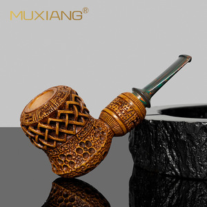 Muxiang Tobacco Pipe Bent Type Solid Wood Carved Brown Filter Core Smoking Set - Product Image 2