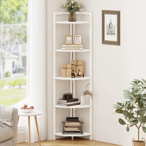 <strong>White</strong> Oak <strong>Corner</strong> Shelf with 5 Tiers, Modern Frame Combining Wood and Metal. Tall Angular Unit Serves As <strong>Bookcase</strong> and Plant Stand - Product Image 1