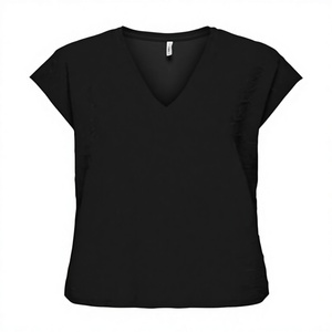 T-shirt pour femme à col en V et manches courtes, coupe ample, tricoté, 100% polyester, noir uni, respirant, style décontracté printemps-été - Product Image 2