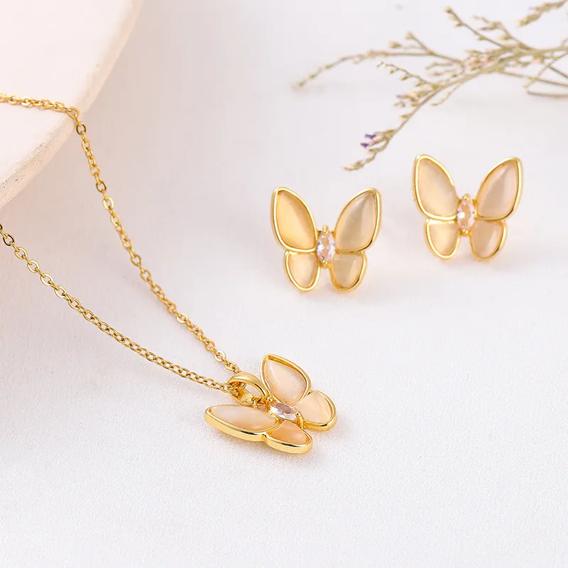 Fashion exquisite 18k real gold plated jewelry ladies butterfly necklace earrings set jewelry