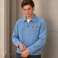 Veste en velours côtelé bleu clair pour homme, style streetwear, avec broderie de logo personnalisée, fermeture éclair sur le devant, coupe décontractée, printemps-automne