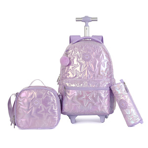 Ensemble de sacs à dos scolaires à roulettes unisexes tendance |   Sac à déjeuner et trousse à crayons avec fermeture éclair, design étoile holographique brillant - Product Image 4