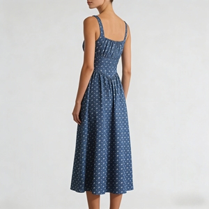 Vestido Midi con Estampado Floral Personalizado para Mujer, Cuello Cuadrado, Tirantes Finos, Lazo Delantero, Estilo Elegante para Vacaciones y Resort - Product Image 4