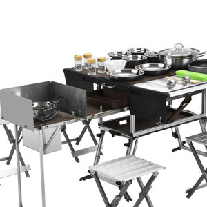 2025 nouveau Style <span class=keywords><strong>Camping</strong></span> cuisine mobile Table de pique-nique pliante avec cuisinière à gaz et <span class=keywords><strong>vaisselle</strong></span> ensemble d'ustensiles de cuisine - Product Image 4