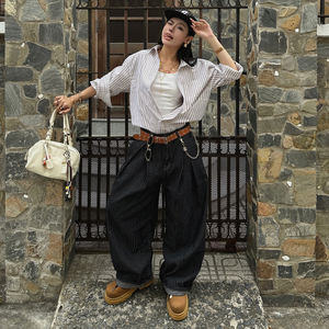 <b>Women</b> American Vintage Black Striped Denim Pants Loose Fit Wide Leg Floor Length Casual Street <b>Jeans</b> - Product Image 1