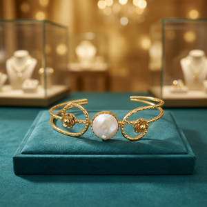 SOUMYA CREATIONS Bracelet jonc ouvert en laiton plaqué or avec perle d'eau douce tendance, motif floral, pour femme, cadeau, bijoux - Product Image 3