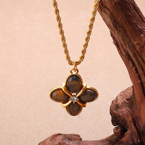 Flower Pendant Necklace 18K Gold Plated Tiger's Eye Oval Stones Round Diamond <b>Rope</b> <b>Chain</b> Classic Style Unisex Jewelry - Product Image 1