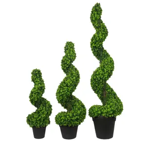 Tanaman rumput hijau plastik Dekorasi Rumah perlengkapan taman pohon Spiral Bonsai Topiary Bonsai kotak kayu buatan