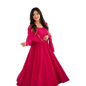 ชุดเดรส Anarkali สีชมพู ผ้าฝ้ายทอเนื้อชีฟอง 100% พร้อมผ้าคลุมไหล่ ชุดยาวแบบดั้งเดิมสำหรับงานแต่งงานและงานเลี้ยงสำหรับผู้หญิง - Product Image 1