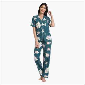Floral Pattern Custom 100% Bamboo Short Sleeve Tops Long Bottoms Women's 2-Piece <b>Pajama</b> Set Breathable Quick Dry Lounge - Product Image 1