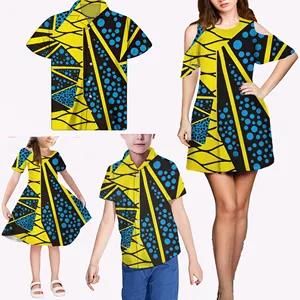 Fashion African Yellow and Blue Pattern Family Matching Women Casual Dress T Shirt Men Oversize Dress Kids Girl Children Wear