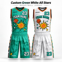 Maillot de basket personnalisé vert et blanc All Stars, col en V, imprimé rétro Sun Star, sublimation intégrale, vêtements d'équipe personnalisés en gros, USA