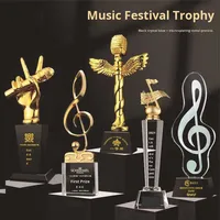 Trophée en cristal blanc musical avec logo personnalisable par gravure et sablage pour plaques de concours de piano