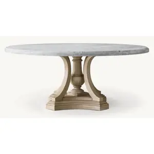 经典设计手工雕刻木质阶梯式底座大理石顶客厅圆形餐桌小