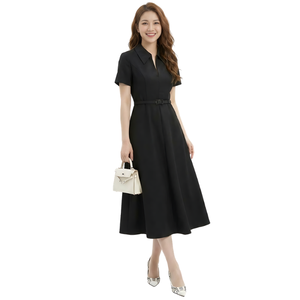 Fabricante de Vietnam, Precio de Fábrica, Servicios Personalizados OEM ODM, MOQ Bajo, Vestido Midi Negro Informal de Negocios para Mujer - Product Image 1