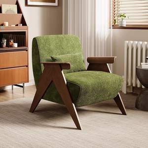 Nordic Retro Green Single Sofa <strong>Chair</strong> Chenille Lazy Style Solid Wood Light Luxury Living Room Furniture - Product Image 6