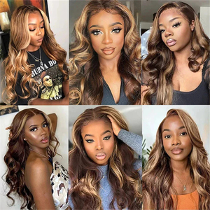 Perruque Highlight en Cheveux Humains Ondulés Marron avec Mèches Blond Miel, Perruques Frontales en Dentelle Sans Colle pour Femmes Noires, Prêtes à Porter - Product Image 3