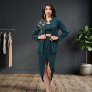 Green Casual Summer <b>Blazer</b> Skirt <b>Set</b> Waterproof Quick Dry Detailed Craft Embellishment (Pearls Flowers Crystals) Tailored <b>Blazer</b> - Product Image 3
