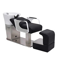 Nouveau style de fauteuil de lavage semi-allongé pour salon de coiffure, en acier inoxydable et céramique, avec bac profond, repose-pieds réglable et éponge haute densité