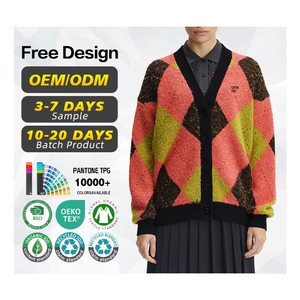 Suéter con Certificación BSCI, Fabricante de Suéteres, Logotipo Personalizado, Suéter Cárdigan de Punto con Diseño de Rombo, de Lana de Alpaca Cepillada para Mujer, para Otoño e Invierno - Product Image 1