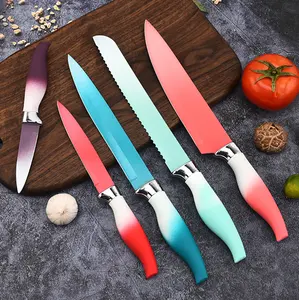 Grosir terlaris 5 buah pemasok pisau dapur warna gradien antikarat set pisau koki gagang perut besar