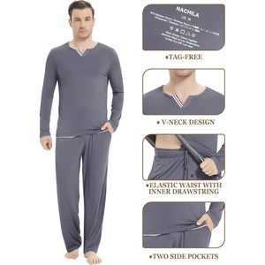 Pijamas para Hombre, Camisa de Manga Larga, Pantalones Suaves, Conjunto de Ropa para Dormir con Bolsillos, Tejido de Fibra de Bambú, Ropa Cómoda para Estar en Casa - Product Image 3