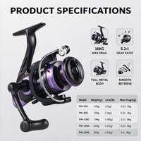 Moulinet de pêche spinning ultra-lisse avec rapport de transmission 5.2:1, résistance maximale de 16 kg, bobine en aluminium, série 1000-7000, pour la pêche à la carpe et au bar