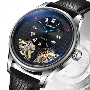 Dulunwe 6068 Orologio Meccanico Scheletrato di Lusso da Uomo con Doppio Tourbillon Volante, Movimento Seagull, Cinturino in Pelle Nera, Quadrante in Vetro - Product Image 3