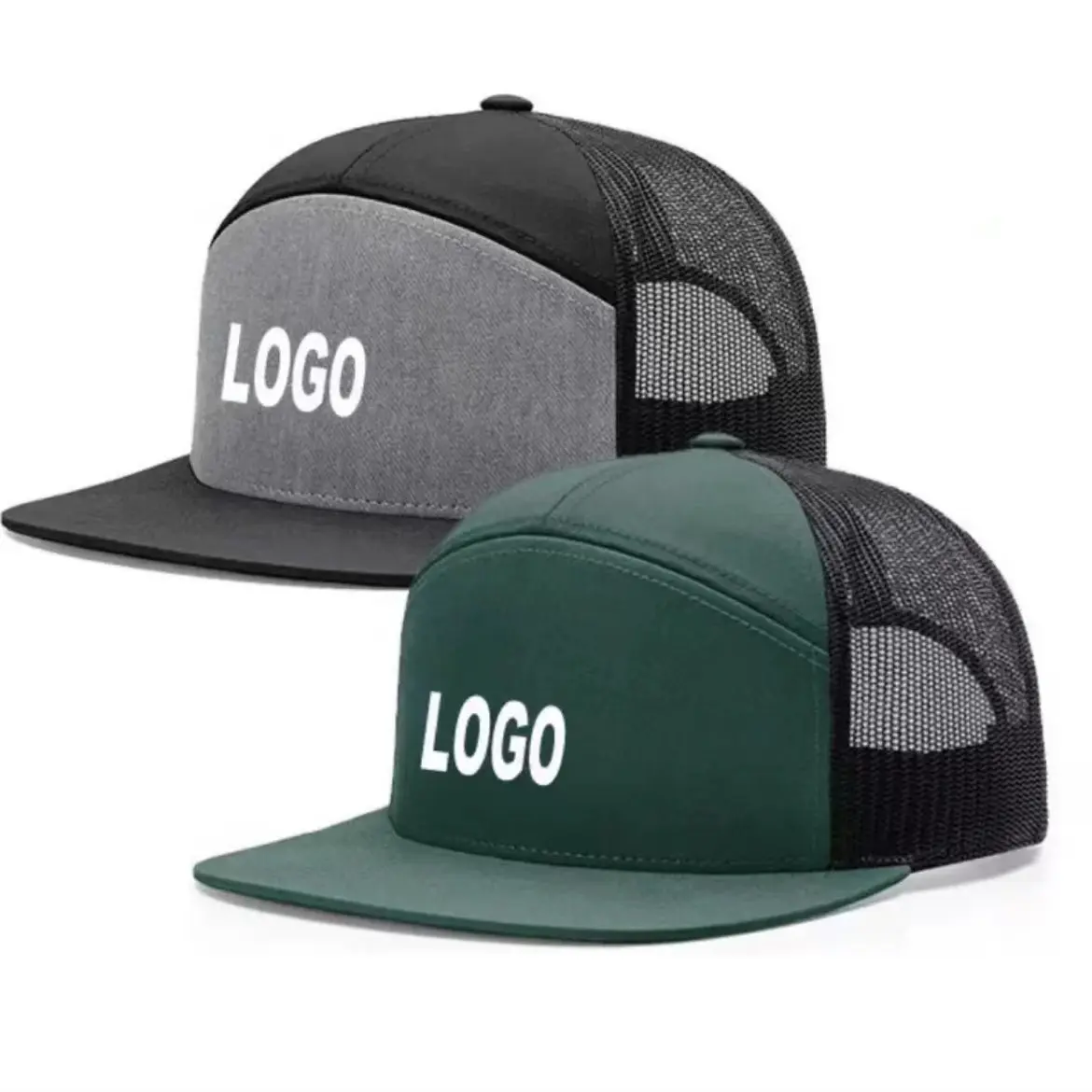 Yüksek kaliteli yaz 7 Panel Hip Hop pamuk boş ayarlanabilir plastik toka özel nakış Logo Trucker Mesh şapkalar