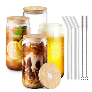 Набор из 4 прозрачных стеклянных бокалов для холодной соды, 550 мл, с бамбуковой крышкой и соломинкой