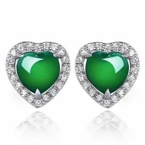 Hot Sale Natural Green Chalcedony Jade Heart Shaped Stud Earrings with Diamonds