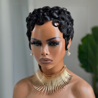 Perruques Bouclées Sans Colle avec Frange, Cheveux Humains Vierges Brésiliens Ondulés Naturels Noirs, Perruques Coupe Pixie Sans Dentelle pour Femmes