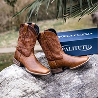 Bottes de cowboy en cuir pour hommes, bout carré, mi-mollet, brodées, bottes d'équitation classiques, chaussures durables