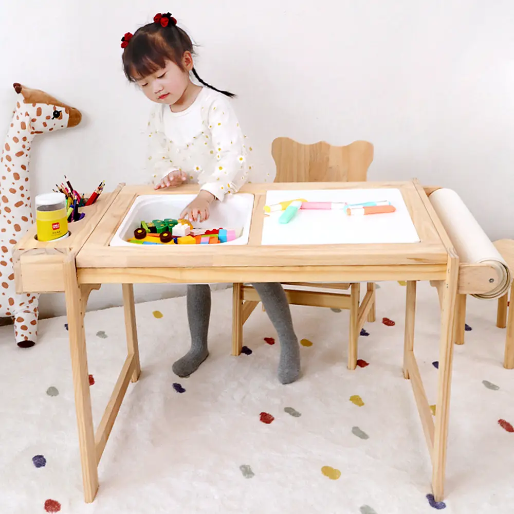 Hot sale indoor kids wooden play furniture adjustable height montessori sensory educational wooden building block desk