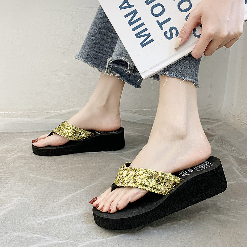 Summer Sequined Flip-flops Women Wedges Platform Slippers Beach Shoes Slipper Girls