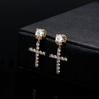 Boucles d'oreilles créoles tendance en laiton avec pendentif croix serti de zircons, bijoux dorés micro-pavés en zircon