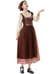 En stock : Ensemble de costumes de cosplay Médiéval Femme et Enfant, style Fille de ferme, avec <span class=keywords><strong>robe</strong></span> tablier à carreaux en polyester, Tailles S-2XL, pour fête - Product Image 5
