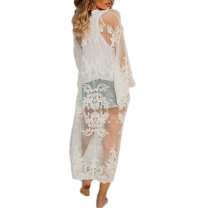 2020 Women Floral Mesh Lace Loose Fit Embroidery <strong>Kimonos</strong> Plus Size Flare Sleeve <strong>White</strong> Cardigan Cover up Lace <strong>Kimonos</strong> - Product Image 1