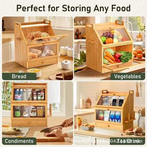 Bamboo Double Layer Bread Storage <b>Box</b> With Glass Door Kitchen Pastry Bread Cabinet Solid Wood Storage Drawer With Cutlery - Product Image 5