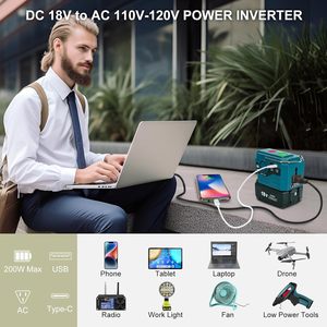 Inversor de Corriente de 18V CC a 110V CA, 200W, Portátil, Onda Sinusoidal Modificada, Puerto <span class=keywords><strong>USB</strong></span> Tipo-C, Compatible con Baterías de 18V - Product Image 4