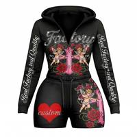 Conjunto de Sudadera con Capucha y Pantalones Cortos Deportivos para Mujer, Estilo Hip Hop, Vintage, Urbano, con Cierre Completo, Estampado, Ajustado, 2 Piezas, OEM